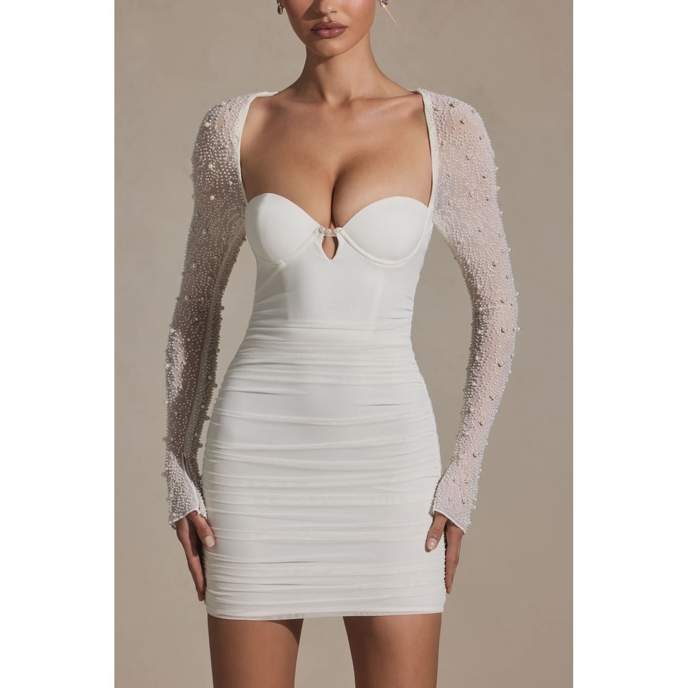 Oh Polly White Ruched Pearl Embellished Mesh‎ Mini Dress Long Sleeve Corset US 2